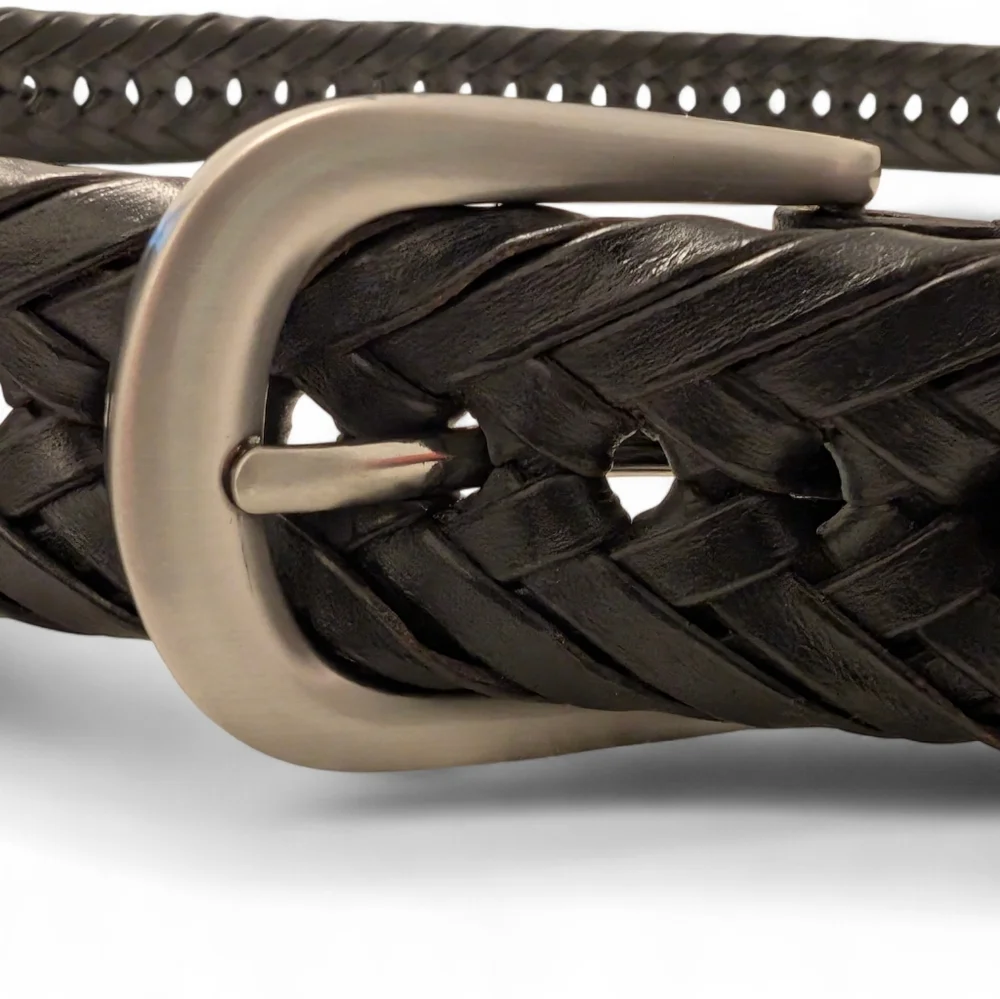 BLACK LEATHER Braided Belt Long Adjustable Silver Buckle XL 50" - Picture 6 of 12